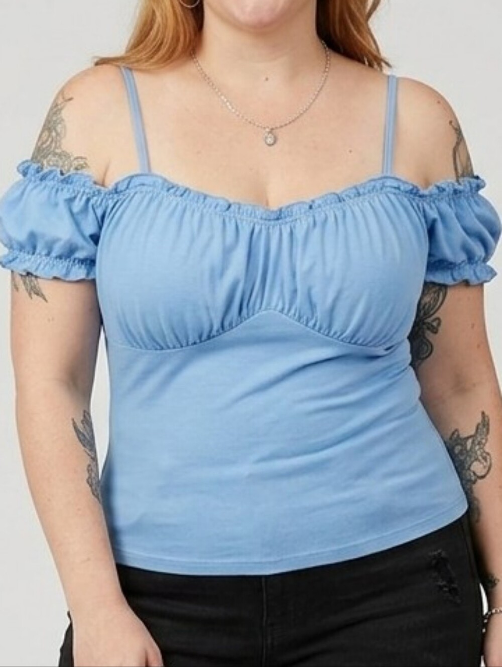 Scarlet Darkness Light Blue Ruched Tank Top Removable Straps Off-Shoulder